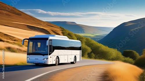 Bus on the Road in the Mountains. Bus tour. Generative AI