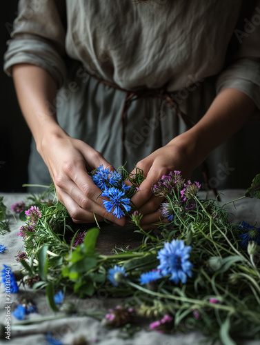 Woman making a wreath of fresh wildflowers and herbs for Scandinavian midsummer celebration. Traditional craftsmanship, florist creating a summer decoration.