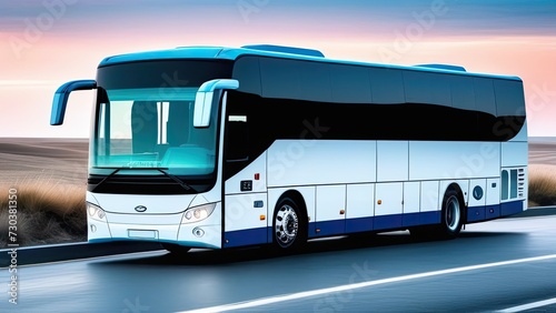 Blue Bus on the Highway. Transportation Concept. Generative AI