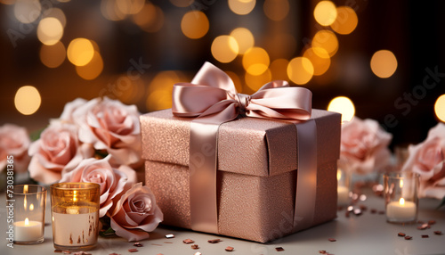 Gift box illuminated with candle, celebrating birthday in romantic night generated by AI