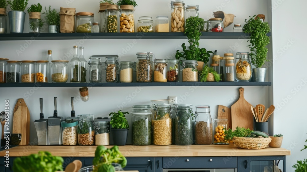 A charming indoor kitchen display, with a wall of vibrant flowers and herbs in assorted jars and pots on a full shelf, adding a touch of life and flavor to the room