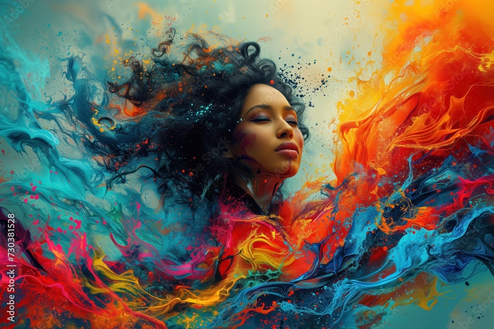 A dark-skinned girl with curly dark hair bathes in iridescent colors A dark-skinned girl with curly dark hair bathes in iridescent colors