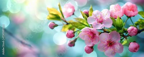 Blooming spring peach twig on a blurred background with bokeh