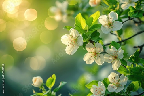 Blooming apple tree branch with leaves on a blurred green background with bokeh