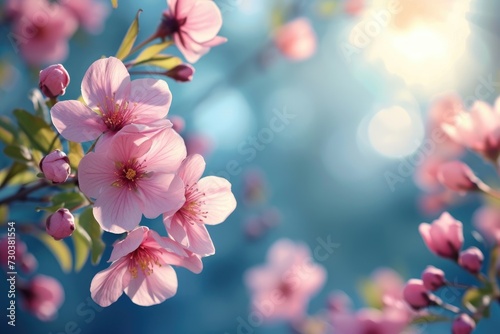 Blooming peach branch with pink flowers on a blue blurred background with bokeh with space for text © ArtMajestic