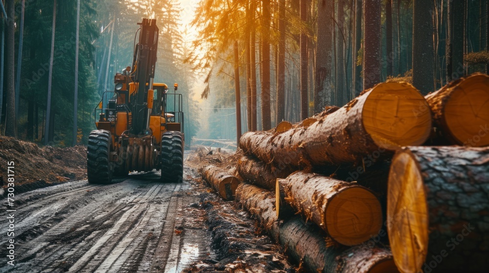 The harvester working in forest. Harvest of timber. Firewood as a renewable energy source. Agriculture and forestry theme. - obrazy, fototapety, plakaty 