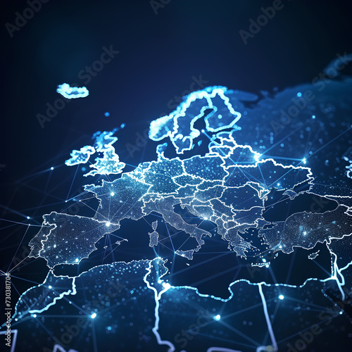 Abstract digital map of Western Europe, European global network concept and connectivity, data transfer and cyber technology, information exchange and telecommunications.