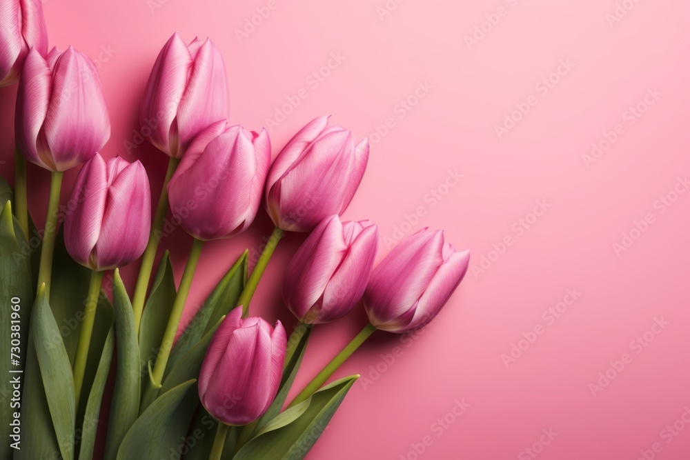 Pink tulips on pink background with copy space