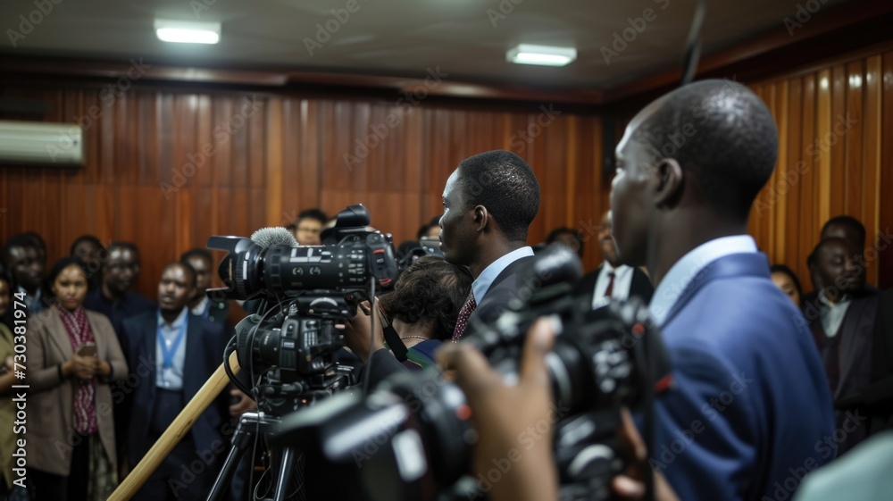 A press conference announcing preliminary election results, with journalists asking questions, reflecting the role of media in the electoral process - obrazy, fototapety, plakaty 