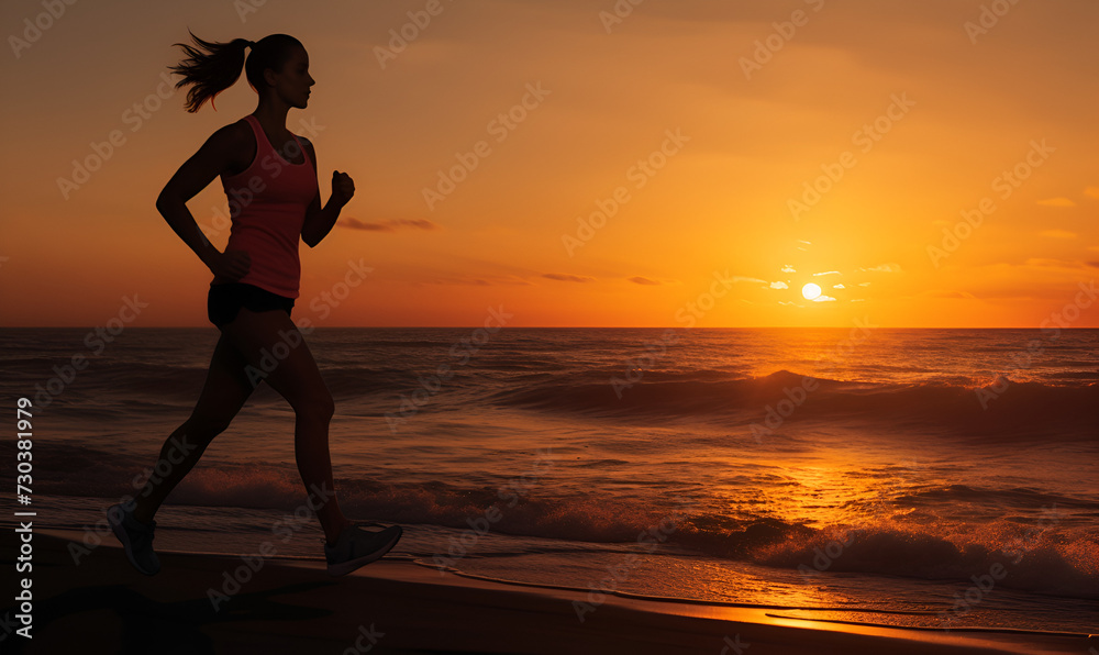Athletic woman running on the beach at sunset