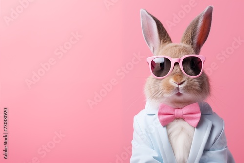 A cute rabbit wearing stylish pink sunglasses and a pink bow tie poses elegantly in front of a pink background