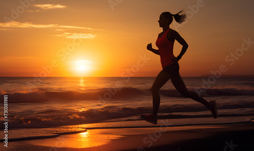 Athletic woman running on the beach at sunset