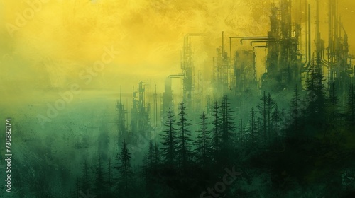 Painting of a misty landscape and industrial buildings.