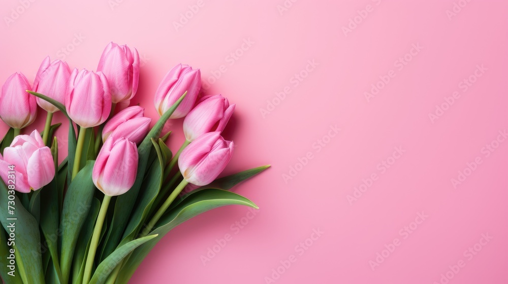 Pink tulips with fresh green leaves on a pink background. Beautiful background for a holiday, valentine's day, women's day. An empty space for the text.