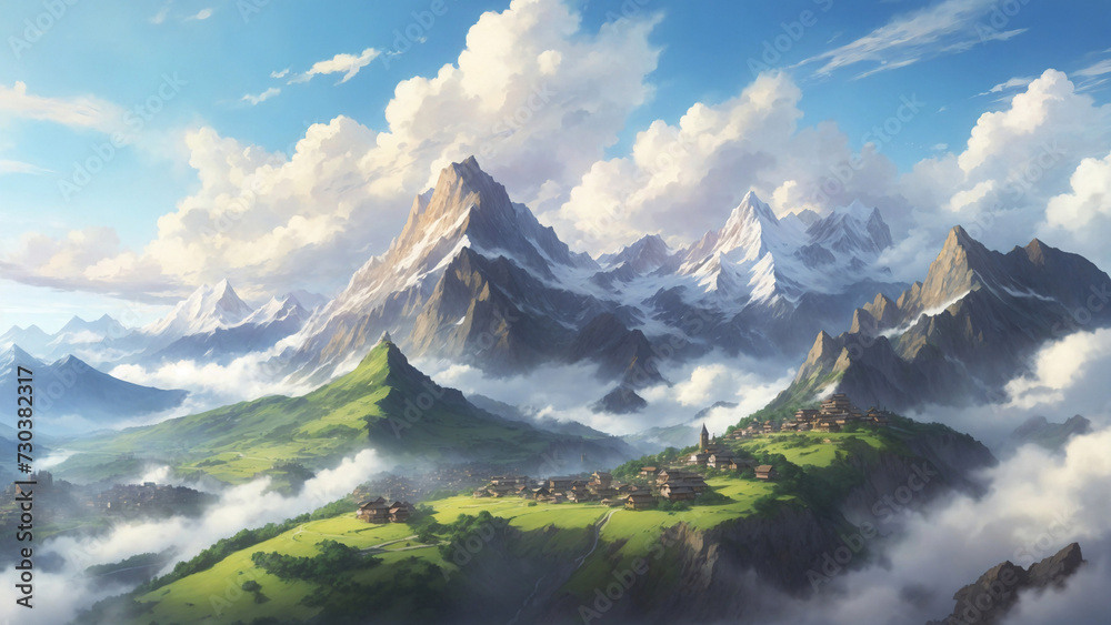 A tranquil village nestled beneath snowy peaks, an anime masterpiece of serenity and beauty.