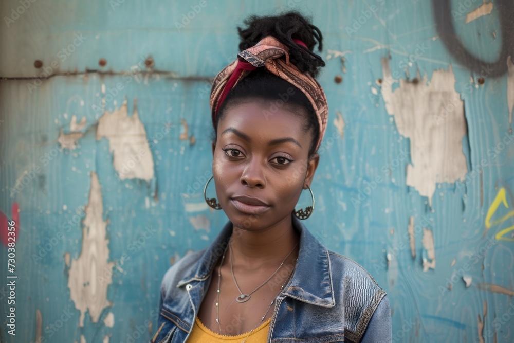 Obraz premium A poised young woman proudly donning a head scarf stands confidently against a vibrant blue wall, exuding both strength and grace in her fashion choices