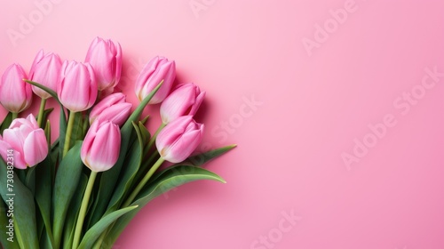 Pink tulips with fresh green leaves on a pink background. Beautiful background for a holiday, valentine's day, women's day. An empty space for the text. © Cherkasova Alie