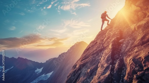 A man climbing up a mountain, symbolizing concepts of motivation and inspiration photo