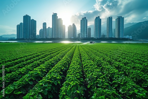Urban Farming Concept with Green Crop Field and Skyscrapers, Lush green crop field stretches towards modern skyscrapers under a clear sky, showcasing urban agriculture photo