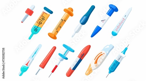 Collection of flat vector illustrations featuring medical and household thermometer icons for measuring temperature of the human body and air. These icons are isolated on a white background