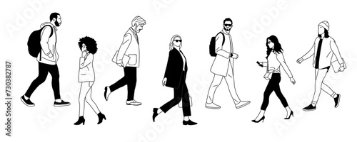 Set of Diverse business people walking side view. Modern men and women different ethnicities in smart casual, formal office outfits with phones, bags. Hand drawn outline Vector illustration isolated.