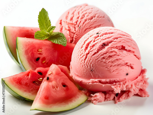 Watermelon ice cream with slices and mint on white.