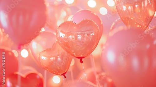A Bunch Of Pink Heart Shaped Balloons Floating In The Air peach fuzz color 2024