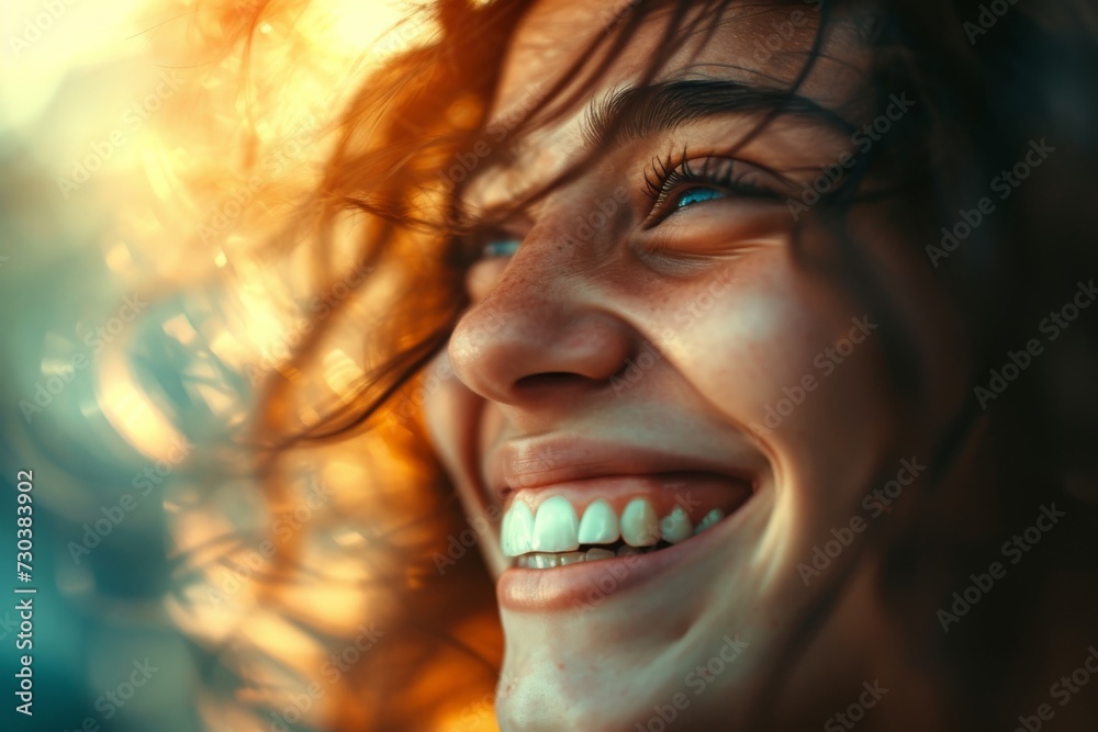 A radiant woman beams with joy, showcasing her perfect teeth and full lips in a captivating close-up portrait, exuding confidence and beauty A radiant woman beams with joy, showcasing her perfect teeth and full lips in a captivating close-up portrait, exuding confidence and beauty