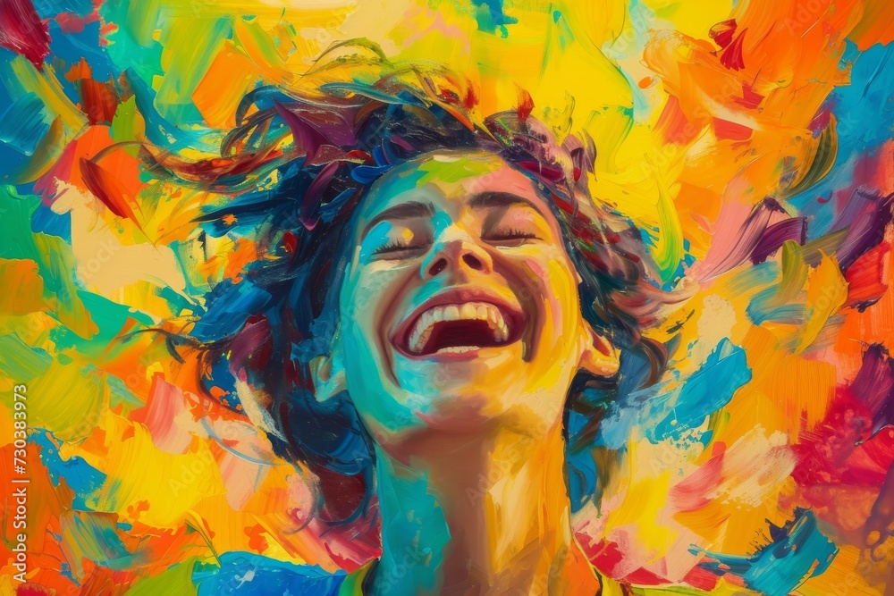 Capturing the vibrant essence of modern art, a woman with a smile adorned in acrylic paint evokes a stunning visual representation of human expression and the power of color in this contemporary port