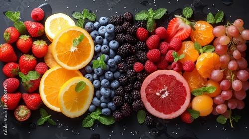 "Composition colorée de fruits frais sur fond sombre"