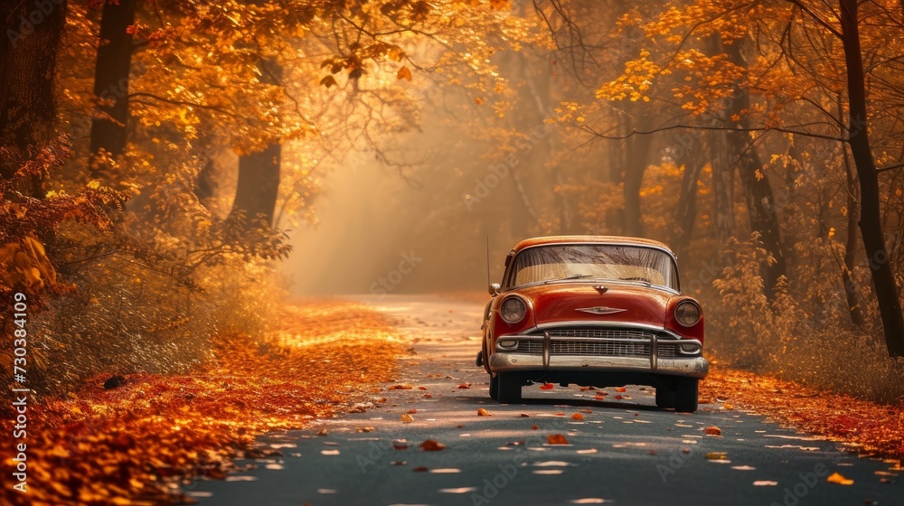 A retro car on the road, surrounded by the golden hues of autumn