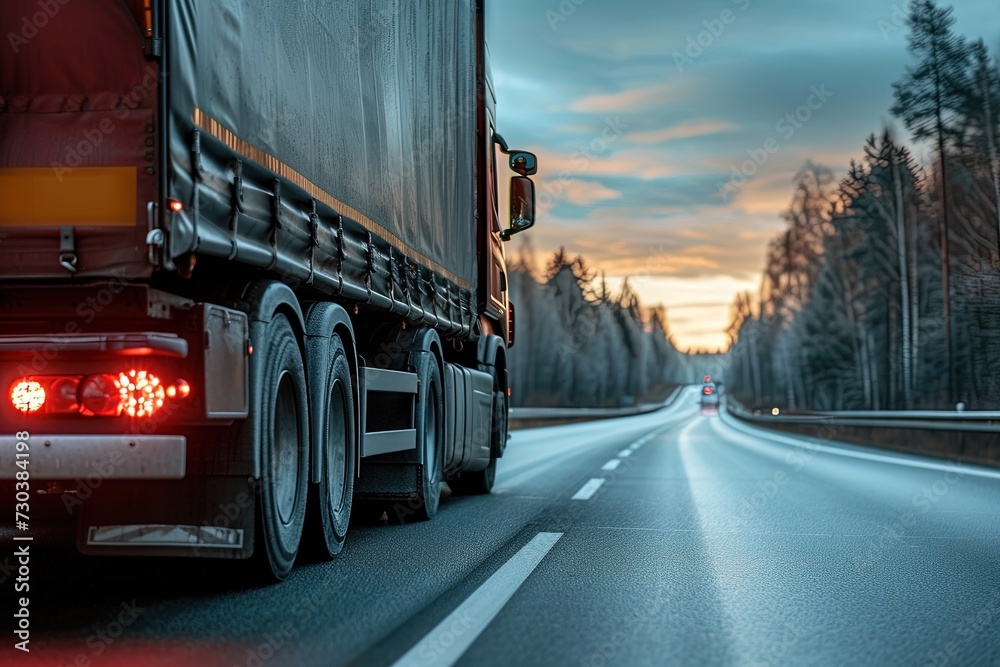 Cargo truck on the road, close-up. Cargo truck on the road, close-up.