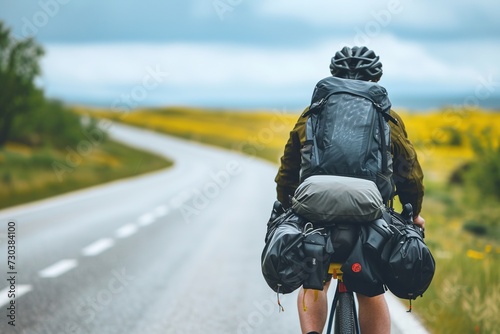 Cyclist traveling on a bicycle with backpacks.