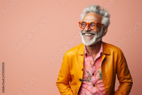 Cheerful senior man in orange eyeglasses. Studio shot. © Iigo