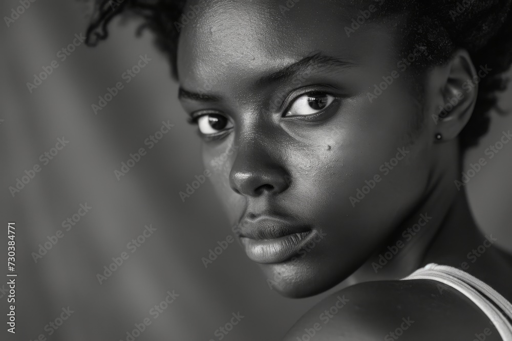 A mesmerizing monochrome portrait captures the raw emotion of a woman with wet skin, her piercing gaze and delicate features accentuated by her prominent eyebrows and long eyelashes A mesmerizing monochrome portrait captures the raw emotion of a woman with wet skin, her piercing gaze and delicate features accentuated by her prominent eyebrows and long eyelashes