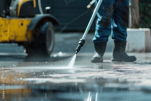 Worker cleaning with water under high pressure. 
