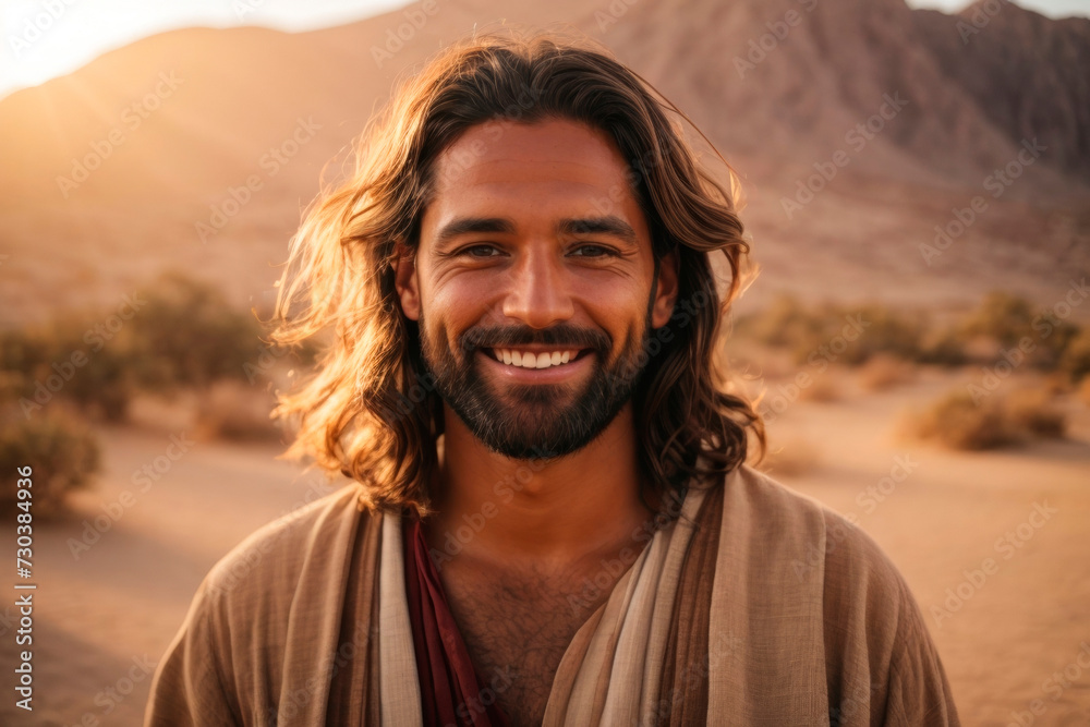 Portrait of Jesus Christ smiling in the desert at sunset. AI Generative Portrait of Jesus Christ smiling in the desert at sunset. AI Generative