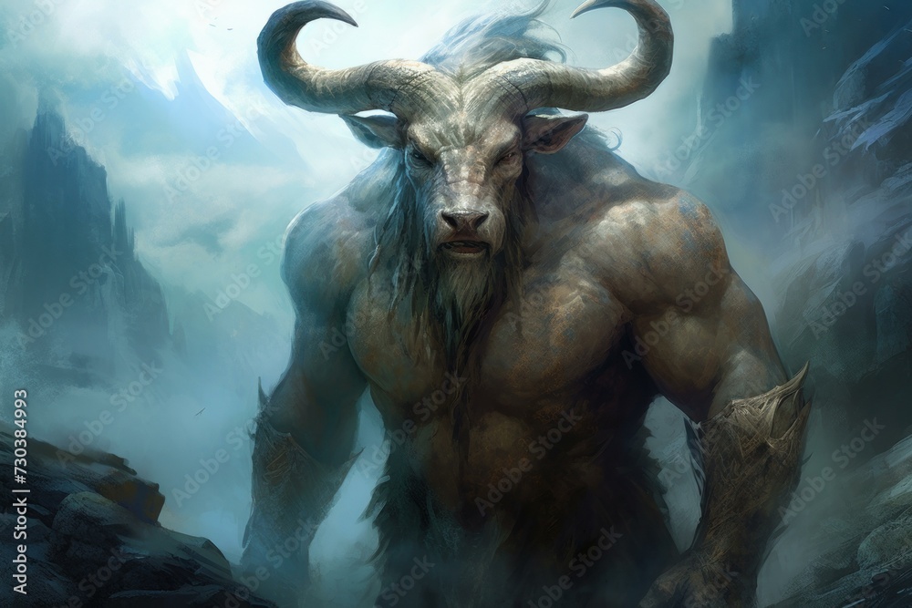 Ferocious Minotaur myth with man warrior illustration. Evil beast creature near rock cave. Generate Ai