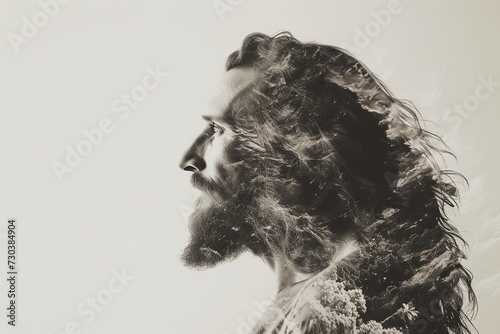 Double exposure of Jesus and lion.