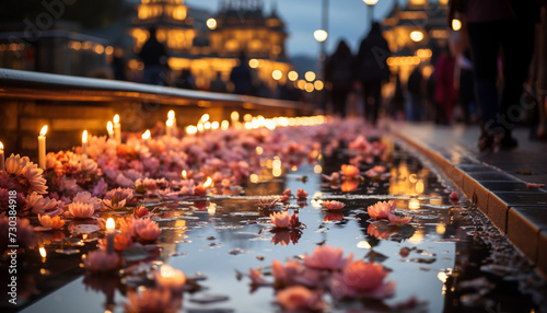 Nighttime celebration of traditional festival with illuminated candlelight and decorations generated by AI