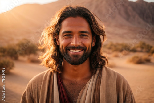 Portrait of Jesus Christ smiling in the desert at sunset. AI Generative