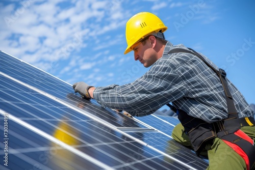 A dedicated engineer donning a hard hat and workwear works tirelessly under the open sky to harness the power of solar energy for a better tomorrow © ChaoticMind