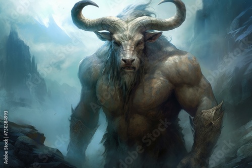 Ferocious Minotaur myth with man warrior illustration. Evil beast creature near rock cave. Generate Ai