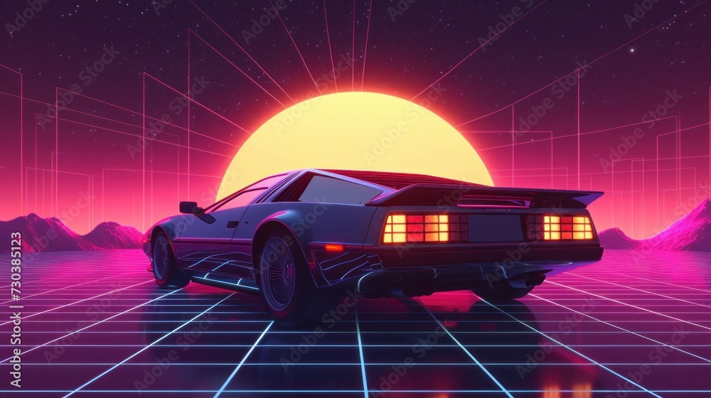 Retro future: A 1980s-style sci-fi background featuring a supercar. This vector illustration captures the essence of retro futuristic synth in the style of 1980s posters - obrazy, fototapety, plakaty 