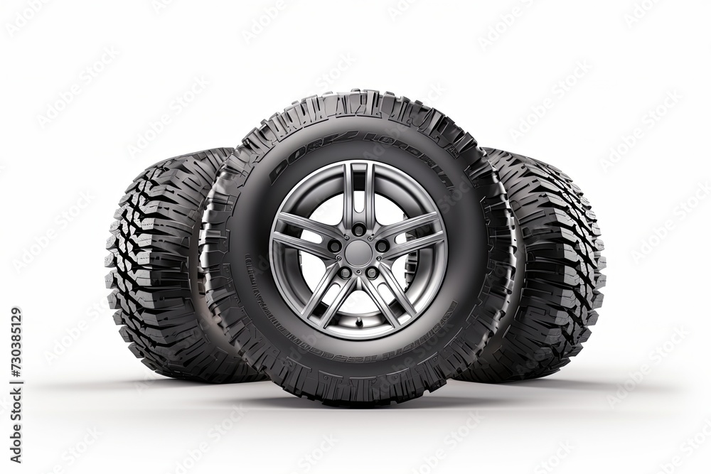 Group of new car tires 3D render on a white background