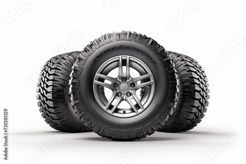 Group of new car tires 3D render on a white background © pixeness