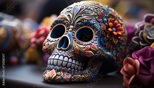 Day of the Dead celebration  colorful skulls, spooky masks, ancient traditions generated by AI