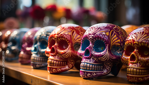 Day of the Dead celebration colorful skulls, spooky decorations generated by AI