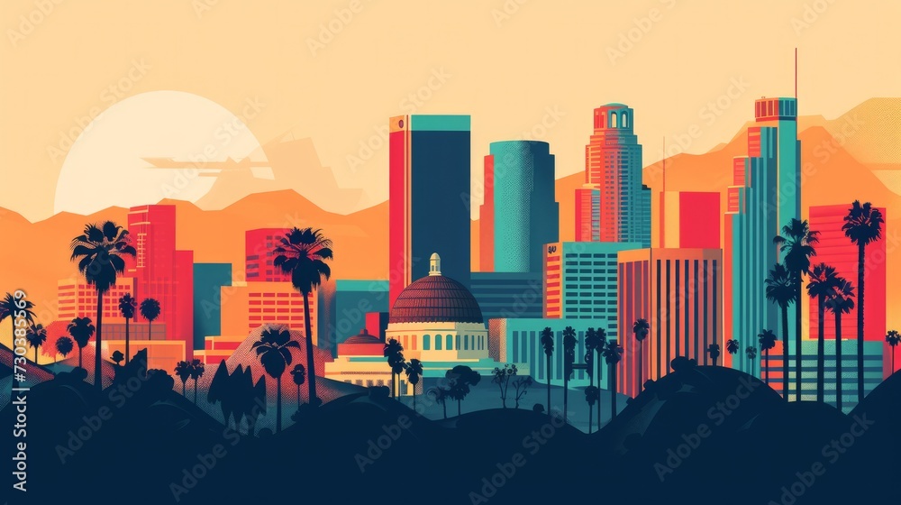 Skyscrapers and iconic landmarks like the Capitol Records Building and the Griffith Observatory rise up in simplified, blocky shapes against the skyline