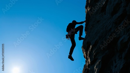 A silhouette of a man climbing a steep mountain, conveying themes of adventure, struggle, and ultimately, success